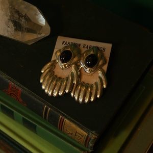 VINTAGE FASHION SILVER STATEMENT EARRINGS WITH OBSIDIAN GEMS